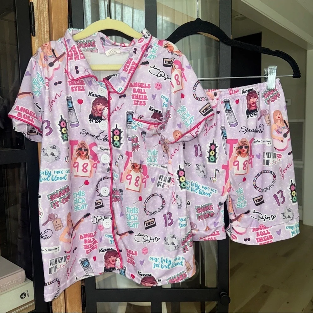 Swifty Pajamas set girls button down shirt top short sleeve shorts 13 eras tour